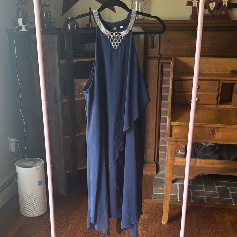 Chic Asymmetrical Navy Dress with Silver Accents